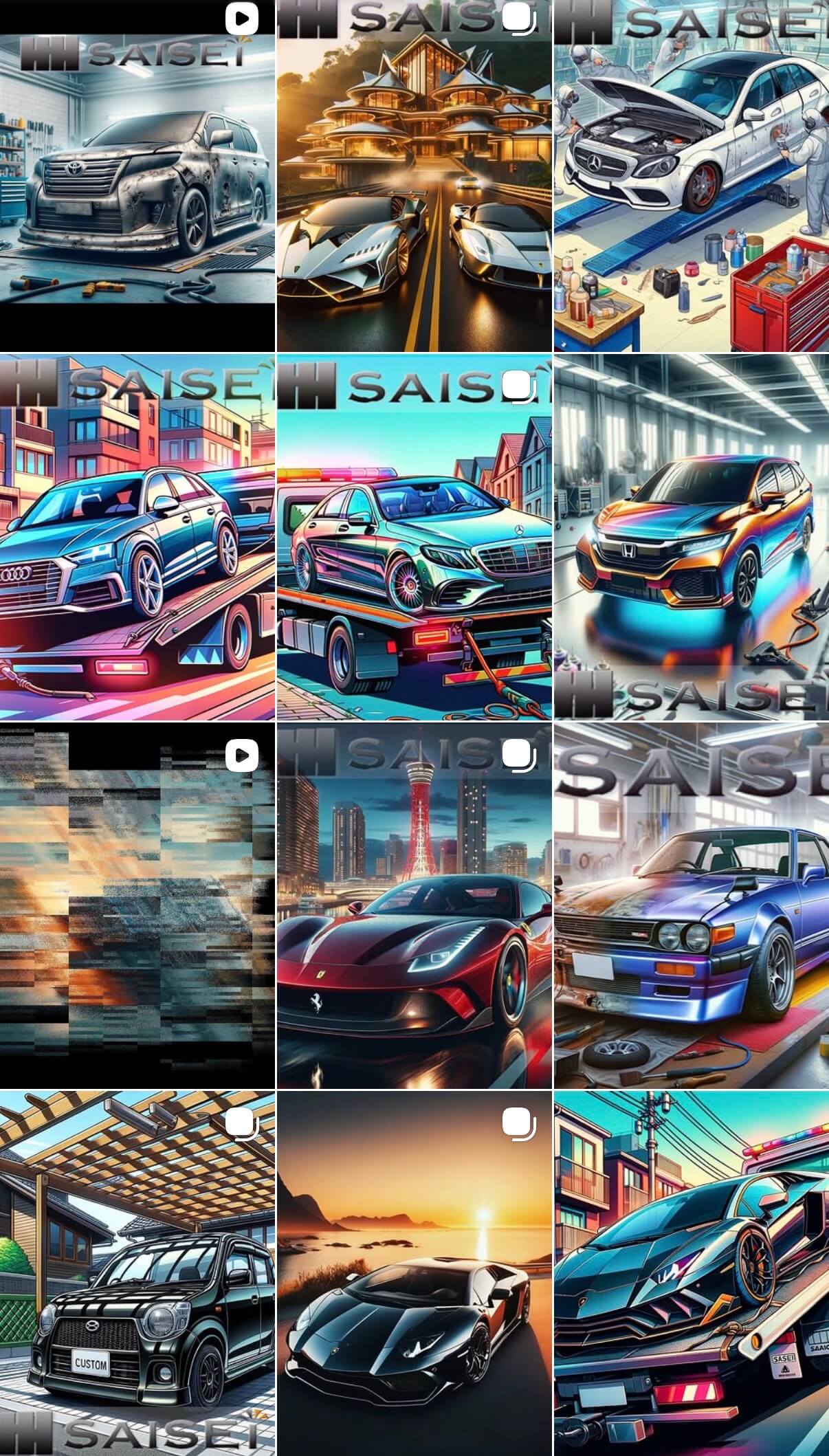 サイセイ自動車のInstagram投稿一覧。色鮮やかなクルマのイラストや映像作品