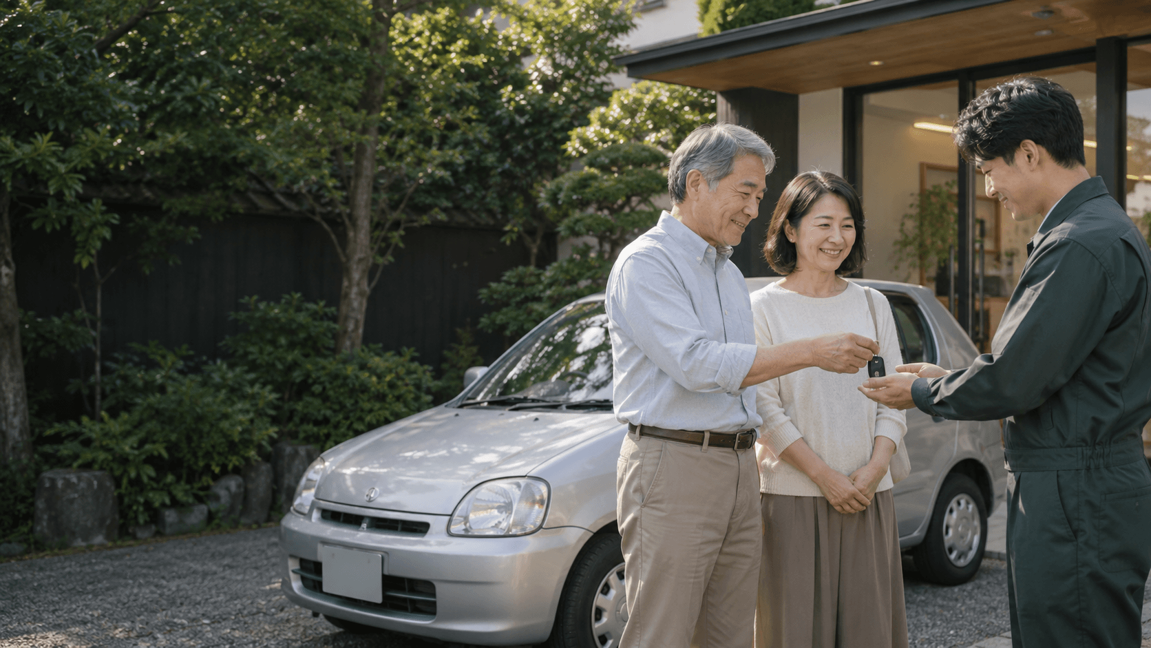 愛車の引取りを笑顔で依頼するご夫婦のイメージ