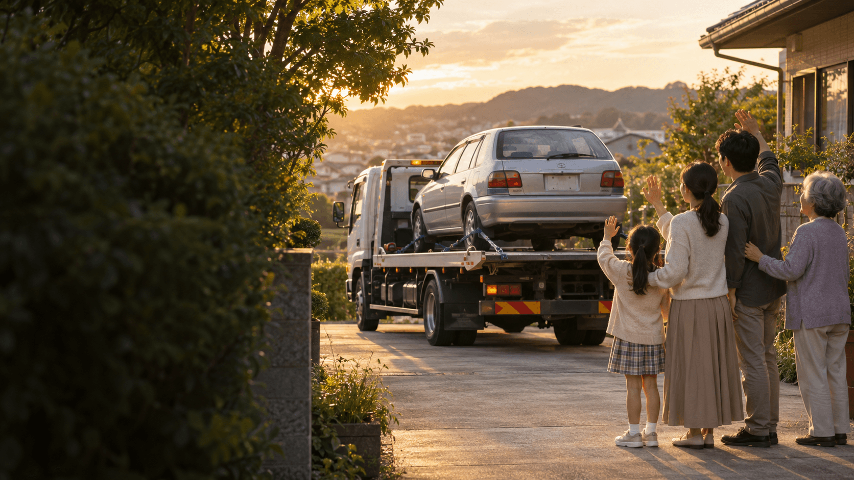 家族で思い出の愛車の引取りを見送るイメージ