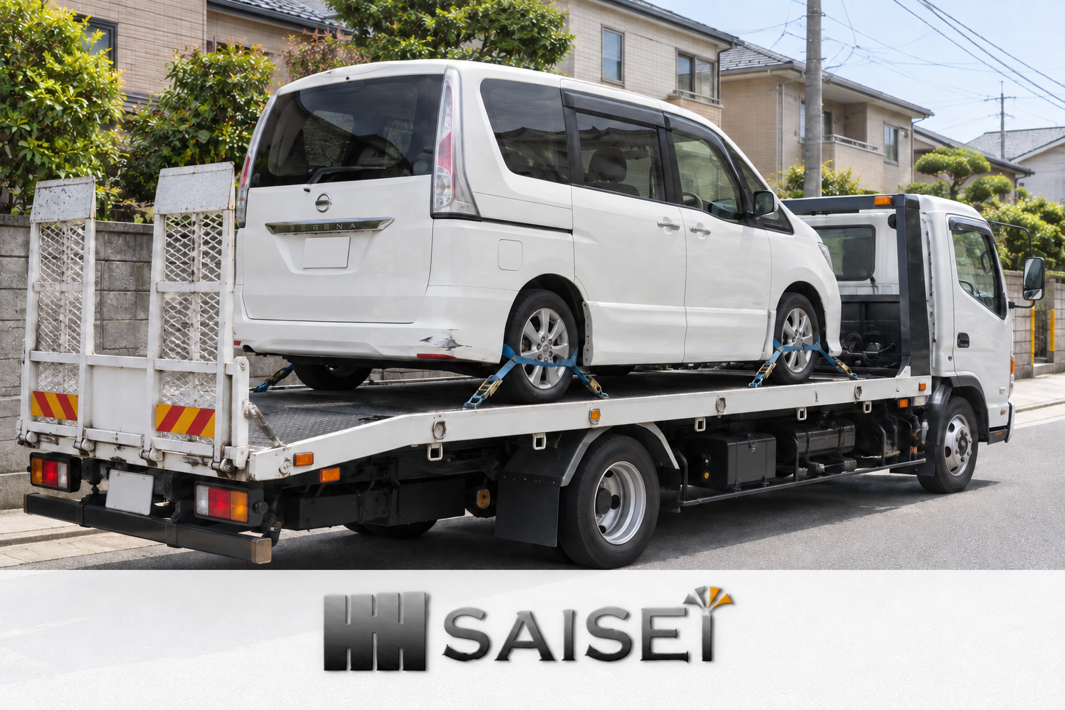 前方を積載車キャビン側に向け、全輪を荷台上で固定した日産セレナ