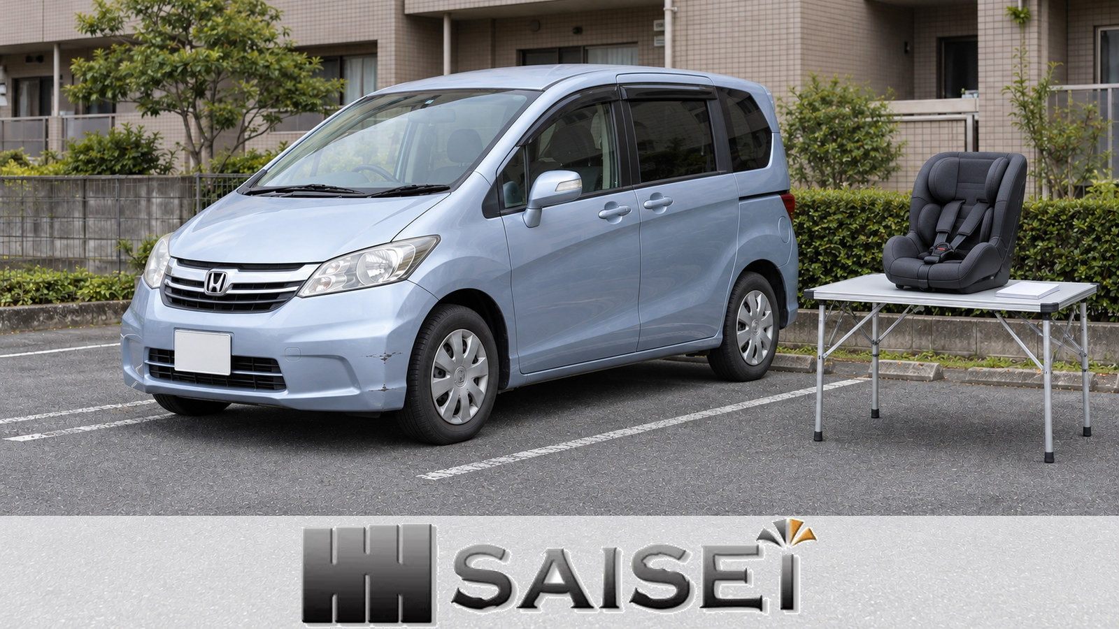 フリードの横のテーブルに置いたチャイルドシートと冊子