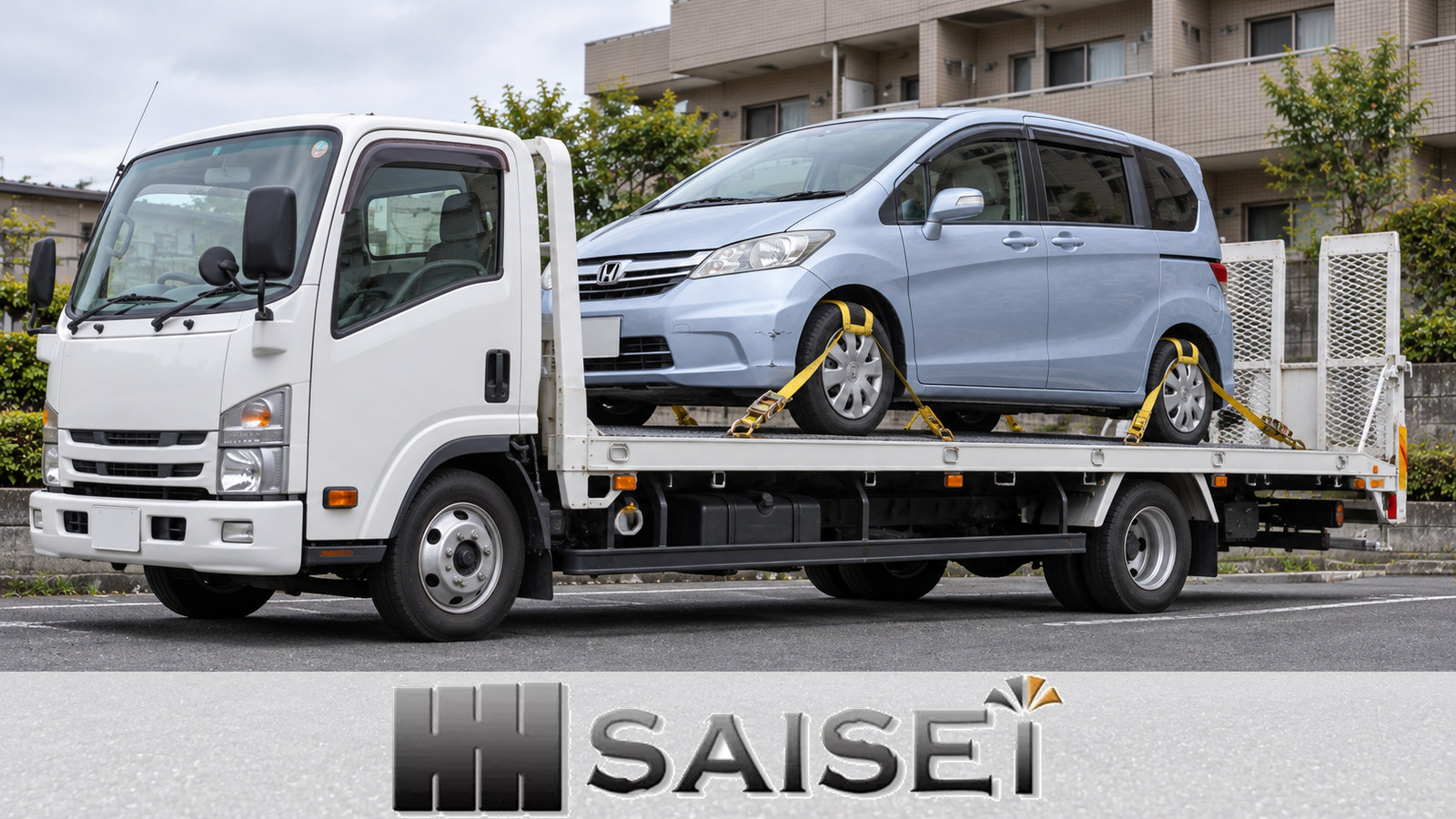 前方を積載車のキャビン側へ向けて荷台に載せた淡い青色のフリード