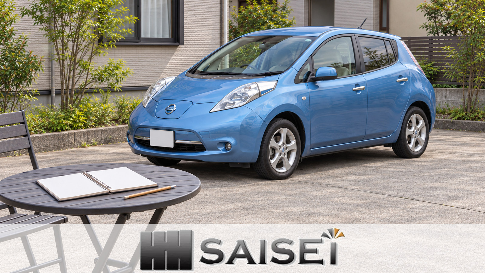 青い日産リーフのそばに置いた白紙のメモ帳と鉛筆