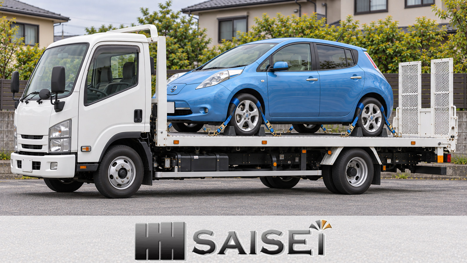 前方を積載車のキャビン側に向け、荷台上で前後の車輪を固定した青い日産リーフ