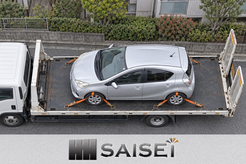 銀色アクアを車両前方がキャビン側になる向きで積載車に固定した搬送場面