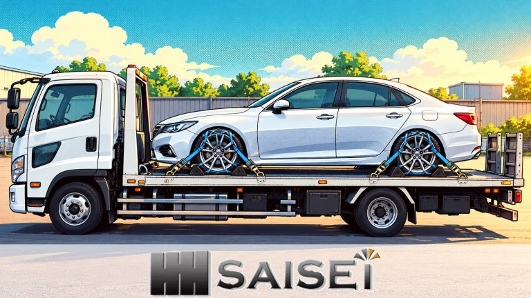 白いセダンの前方を積載車キャビン側に向け荷台上で車輪を固定した状態