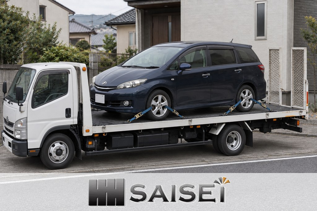 紺色のウィッシュを前方がキャビン側になるよう積載車に載せ固定した搬送場面