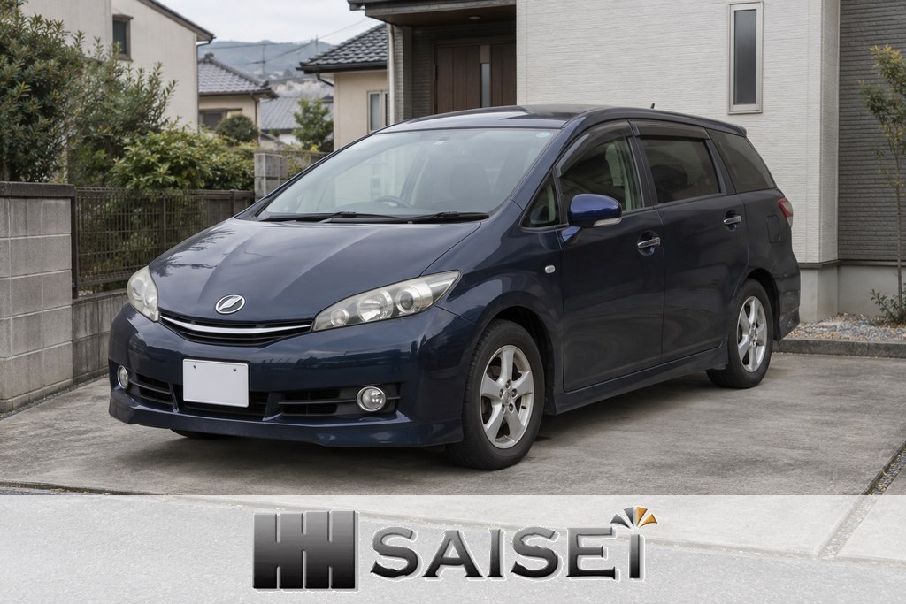 戸建て駐車場に停めた、経年の擦り傷がある紺色のウィッシュ